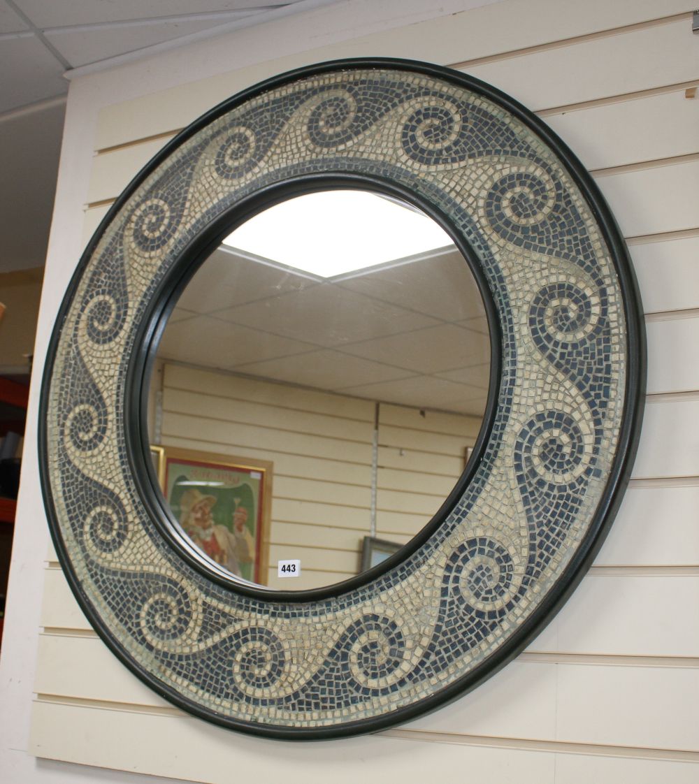 A circular mosaic framed wall mirror, overall diameter 94cm